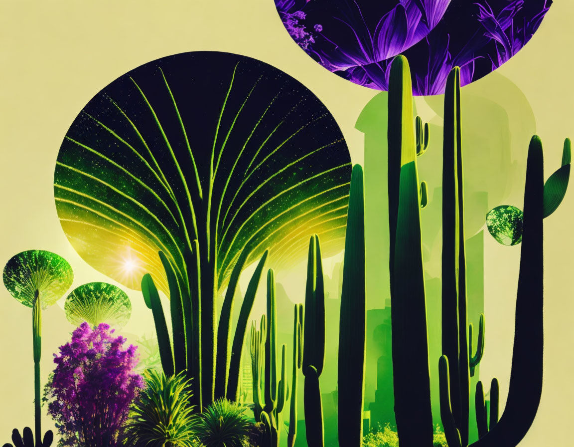 Colorful digital artwork: Fantasy forest with stylized trees, cacti, and plants