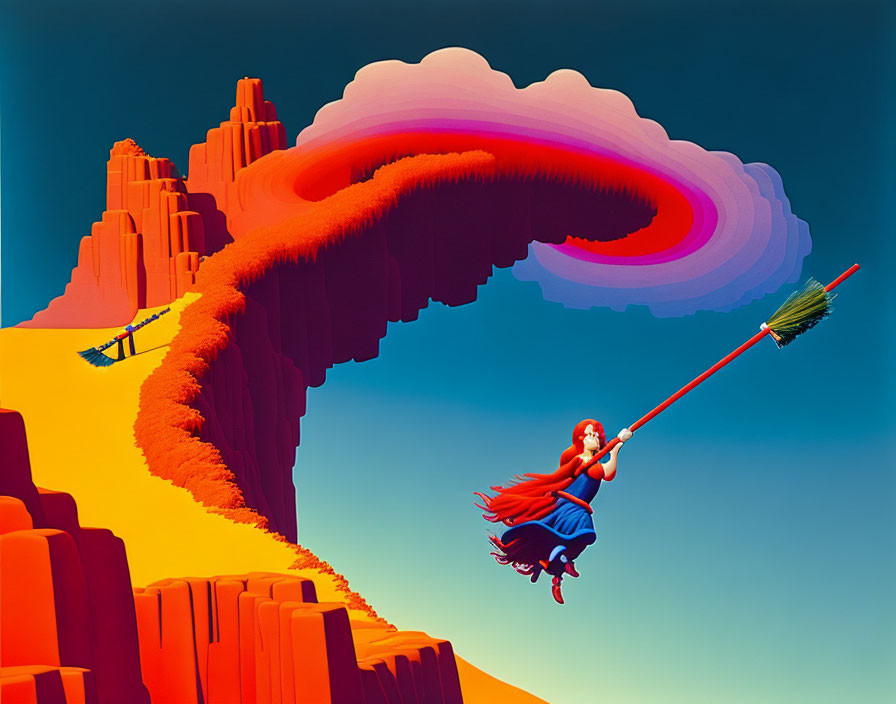 Redheaded witch flying on broom under rainbow bridge in desert landscape