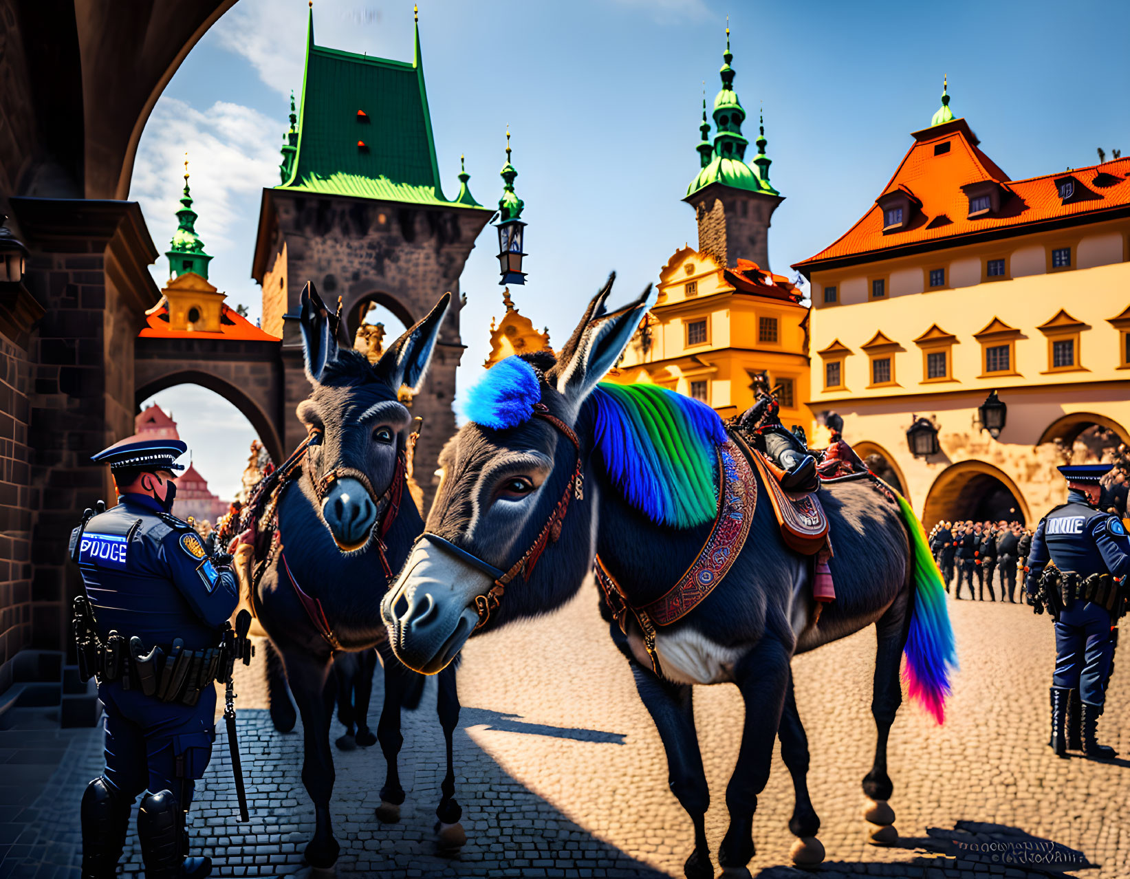 Decorated donkeys, police officers, and ceremonial procession near historical buildings.