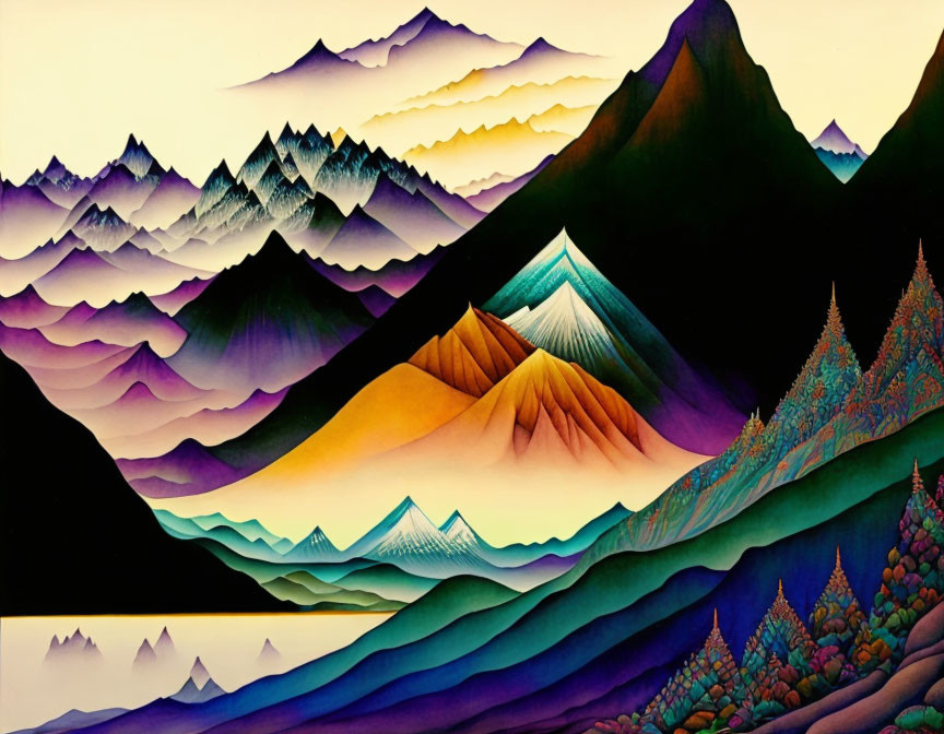 Colorful painting of layered mountains in purple, blue, and gold hues