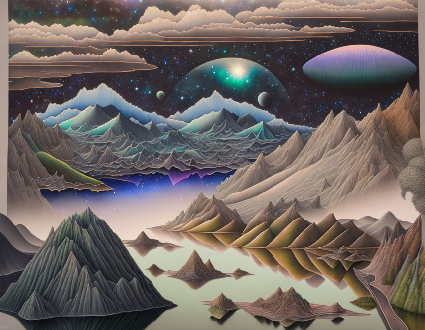 Layered Mountains and Multiple Moons in Surreal Night Sky