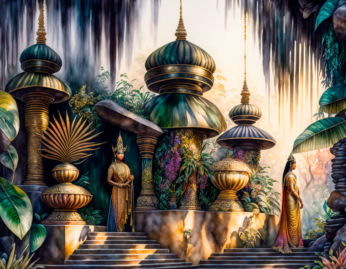 Women in traditional attire by golden structures in lush jungle.