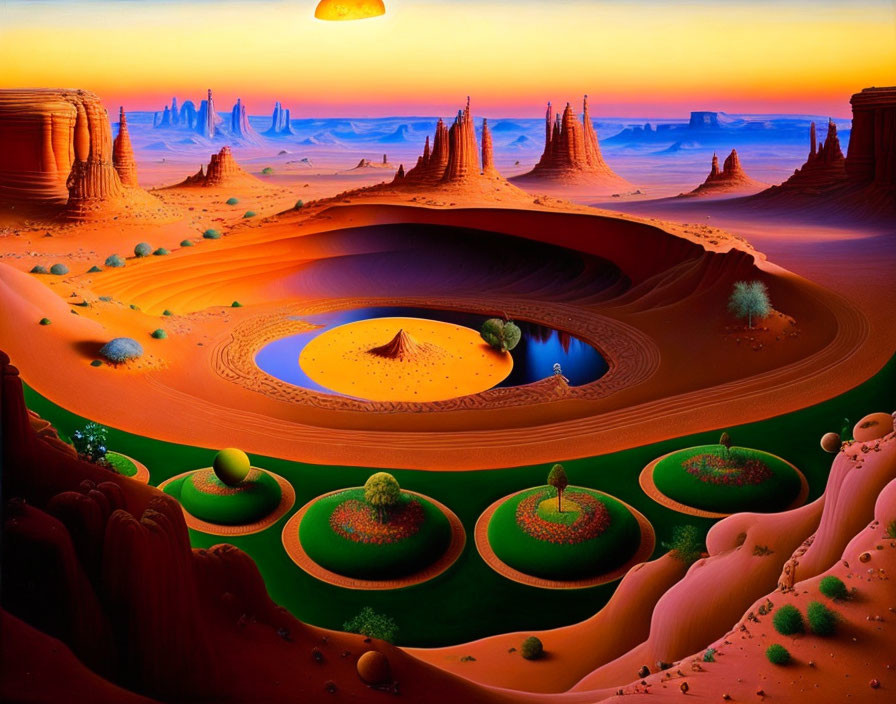 Surreal desert landscape with terraced pools and towering rock formations