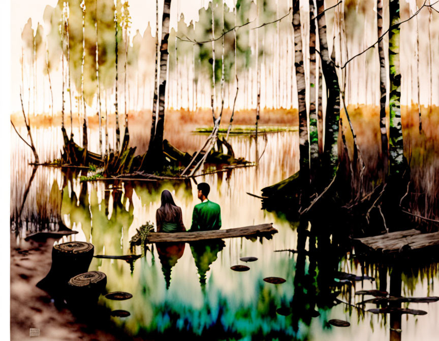 Tranquil lake scene with two people on a dock