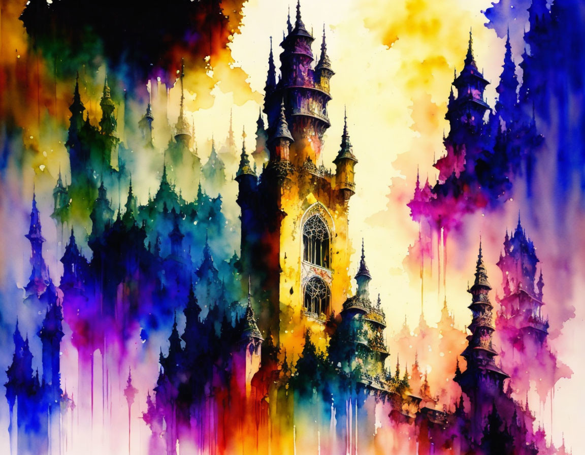 Colorful Watercolor Painting of Fantastical Castle with Dripping Ink Effects