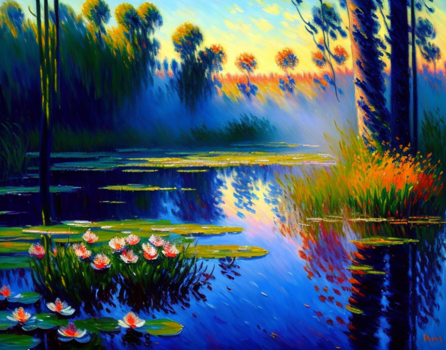 Tranquil pond with water lilies, sunset colors, greenery, and silhouetted