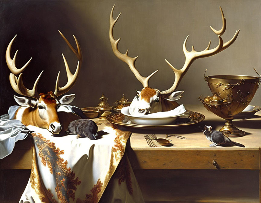 Surreal painting: Elegant dining table with deer and calf heads, bird present