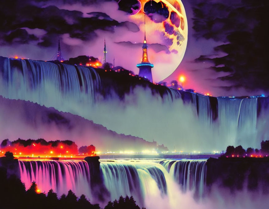 Colorful fantasy landscape with moon, illuminated towers, and shimmering lights.