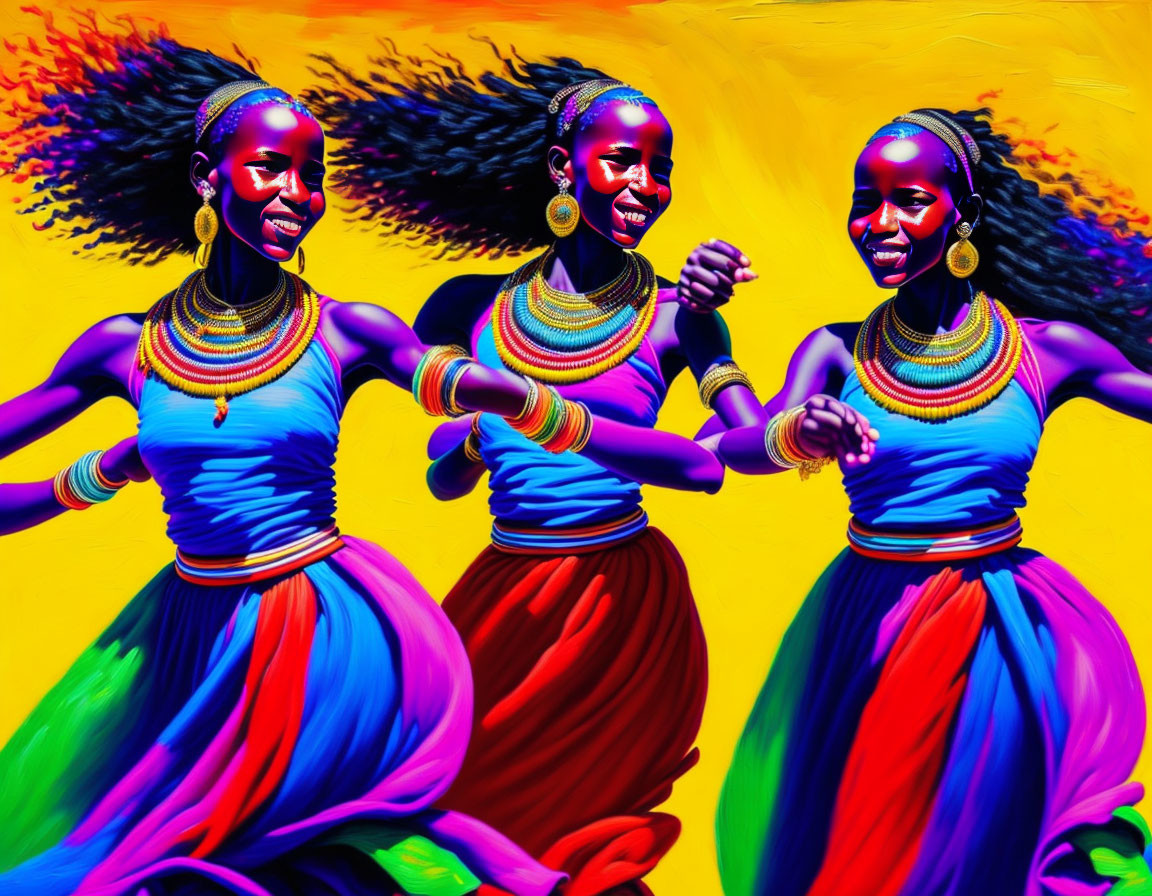 Three Women Dancing in Traditional Clothing Against Vibrant Background