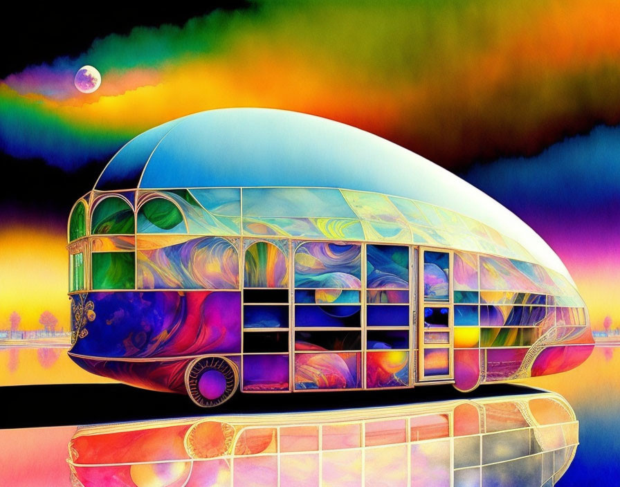 Colorful psychedelic illustration of futuristic dome building under crescent moon