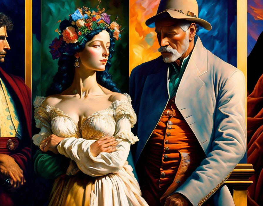 Colorful painting of two men and a woman in historical attire and floral headpiece