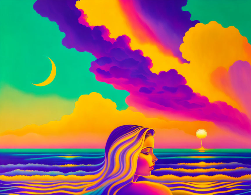 Colorful surreal artwork: Woman's profile, crescent moon, colorful clouds, rippling sea,