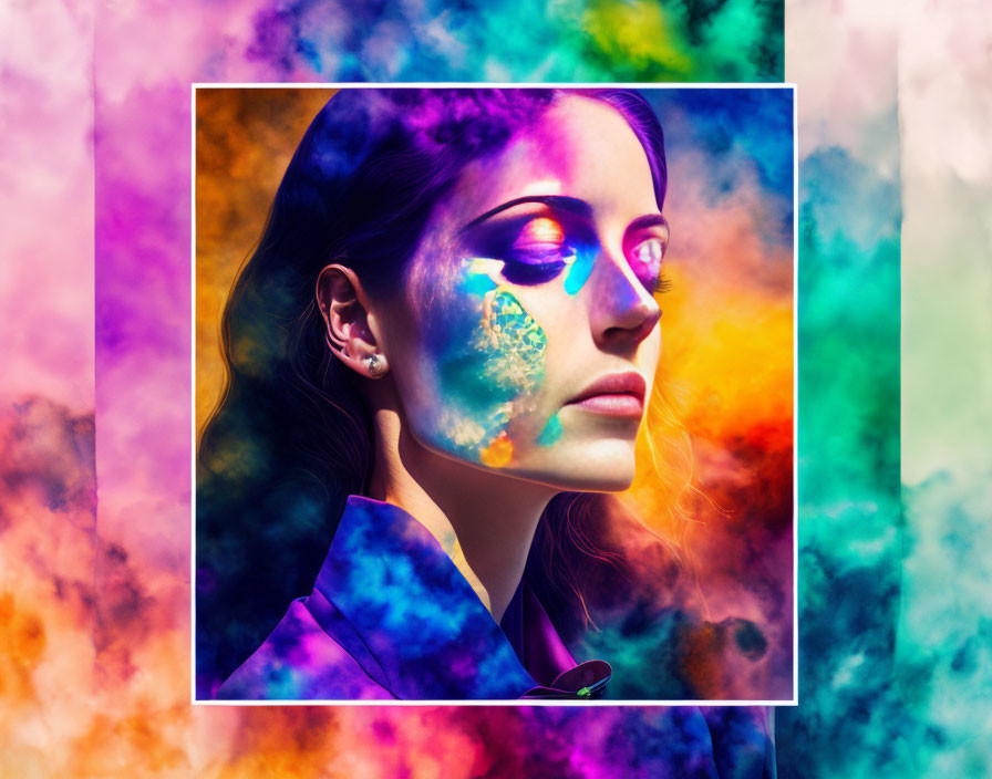 Colorful Light Reflections on Woman's Face Against Vibrant Backdrop