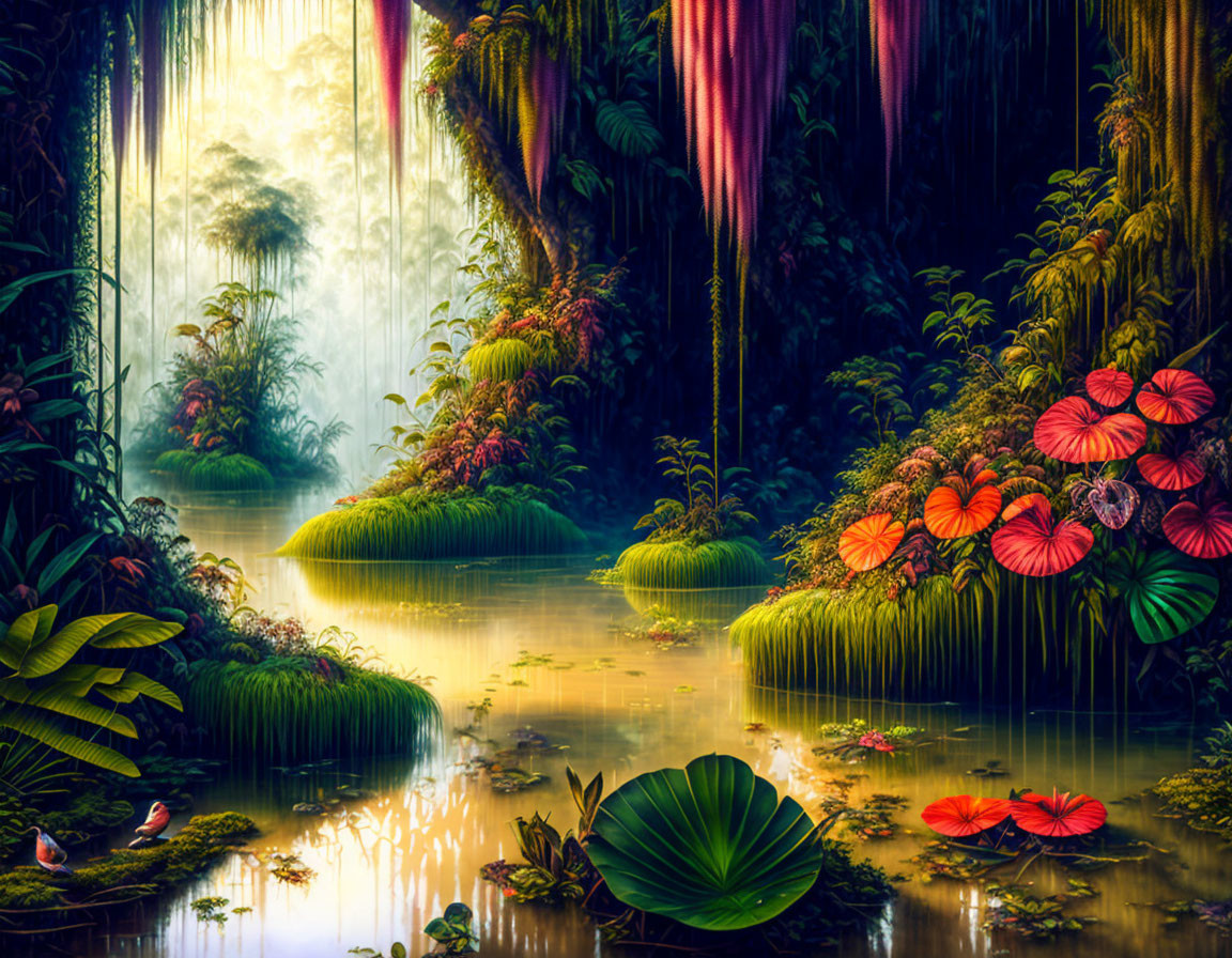 Mystical forest with vibrant foliage, hanging vines, misty ambiance, luminescent flowers,