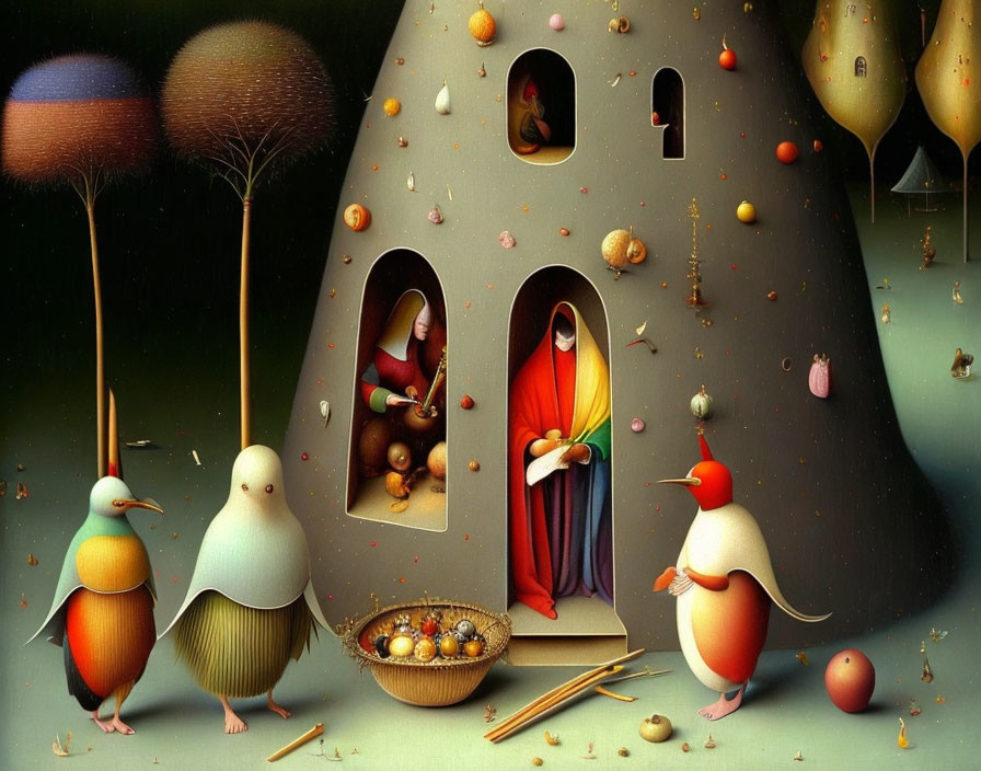 Surreal anthropomorphic birds, whimsical trees, characters in house windows, floating orbs and sticks