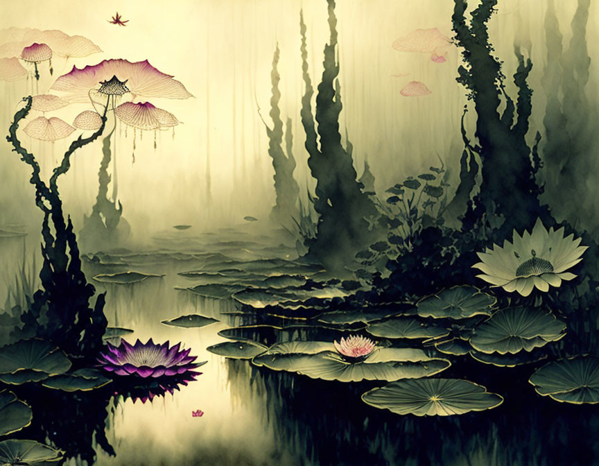 Misty swamp with jellyfish-like creatures and lotus flowers in monochrome palette