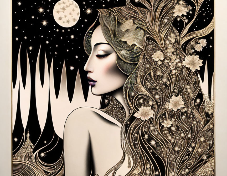 Detailed illustration of woman with intricate hair & night sky with crescent moon & stars.