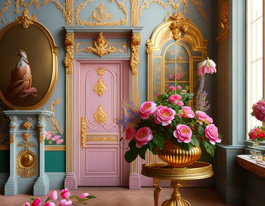 Luxurious room with gold details, pink door, blue walls, and pink rose bouquet.