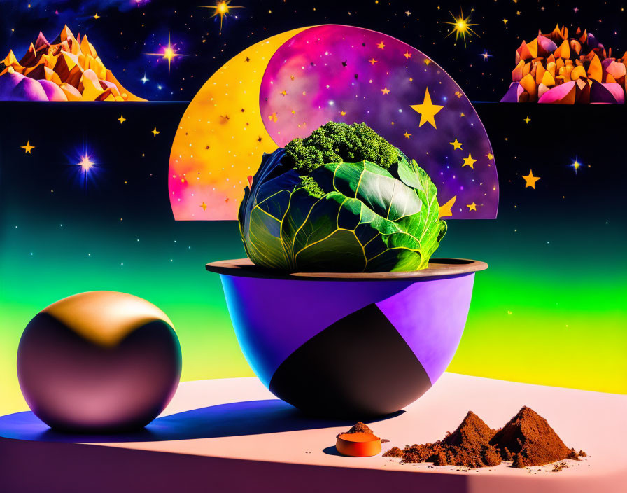 Colorful Pot with Cabbage, Metallic Sphere, Soil Mound, Moons, and Stars