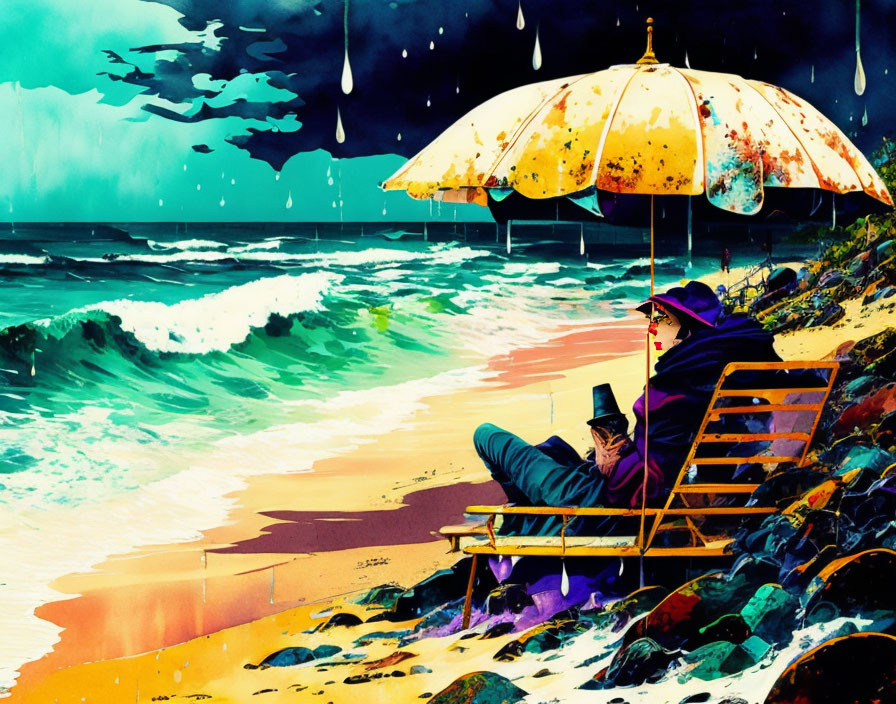 Person reading book under colorful umbrella on beach chair by stormy sea.