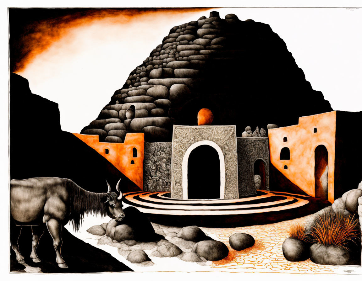 Illustrated desert scene with dome structure, courtyard, donkey, and orange skies