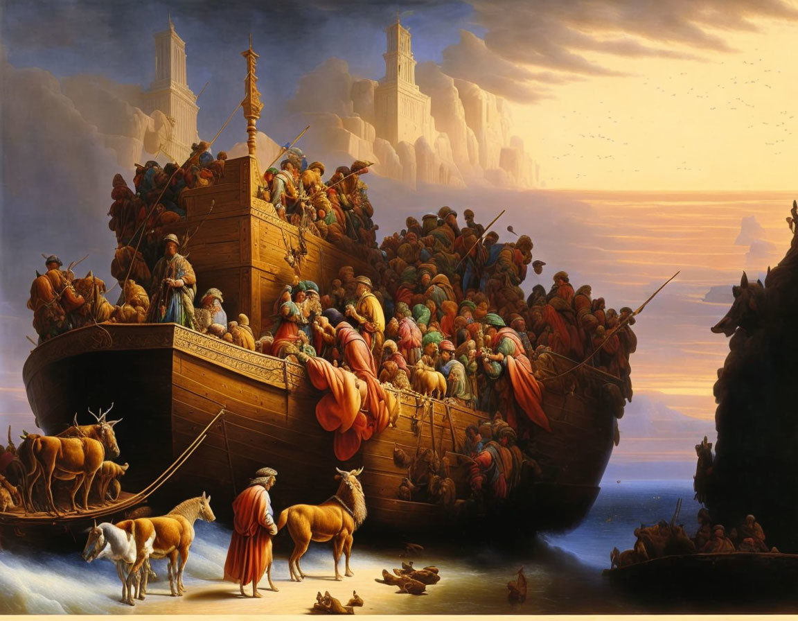 Painting of Noah's Ark post-flood with animals and people under dramatic sky.