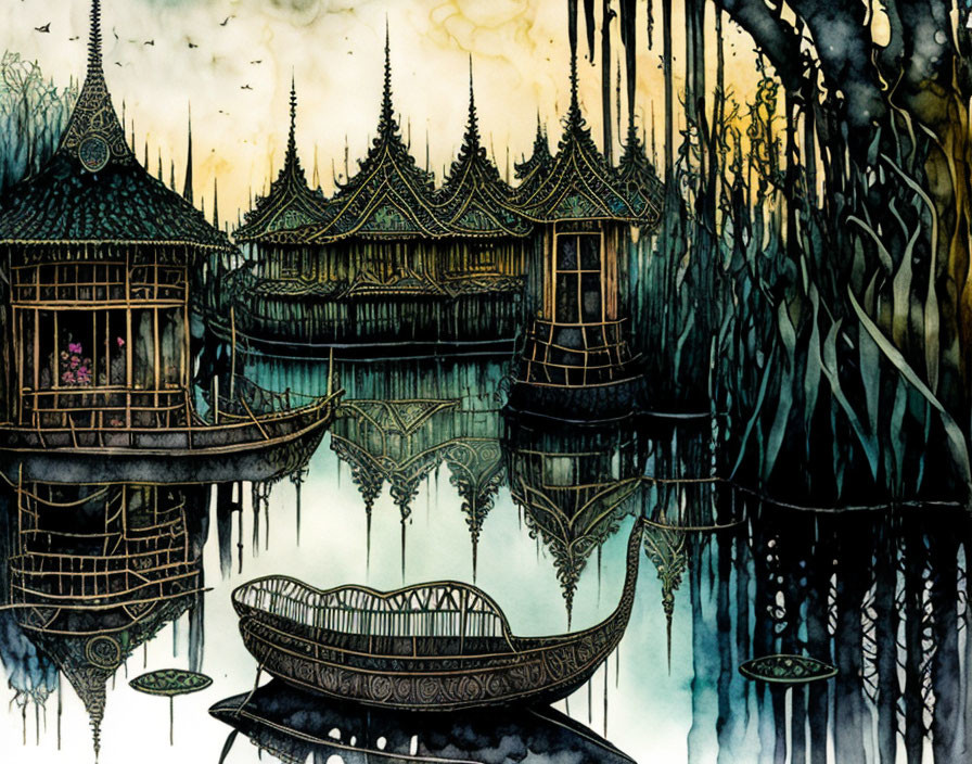 Mystical water village with traditional Asian architecture and dense forest backdrop.