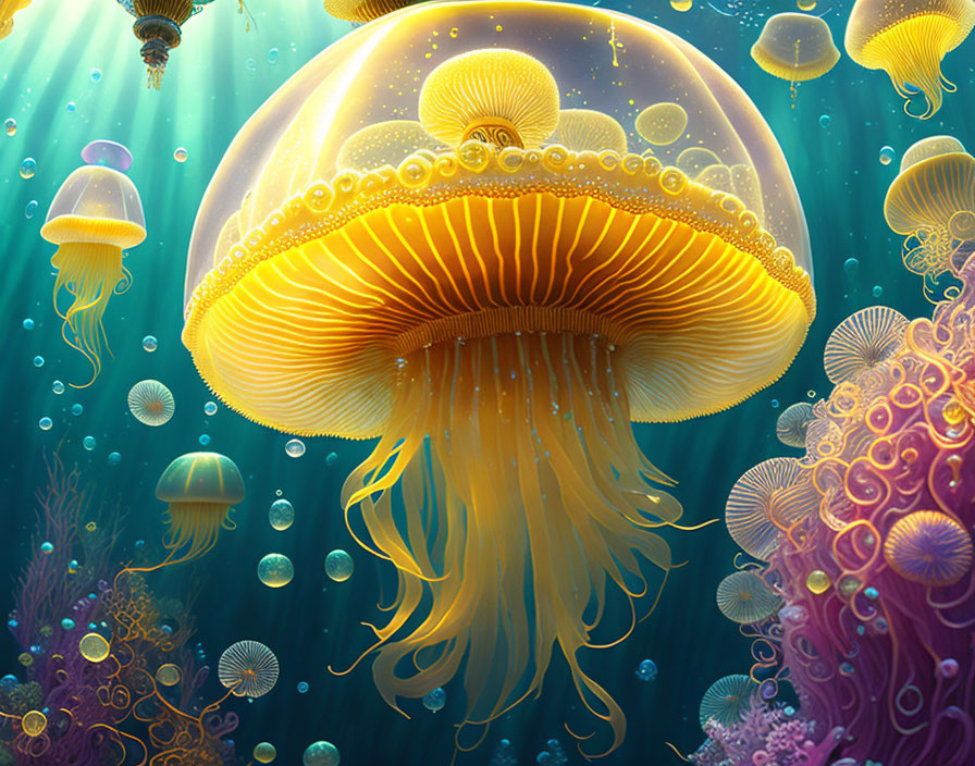 Colorful Underwater Scene with Golden Jellyfish and Sea Life