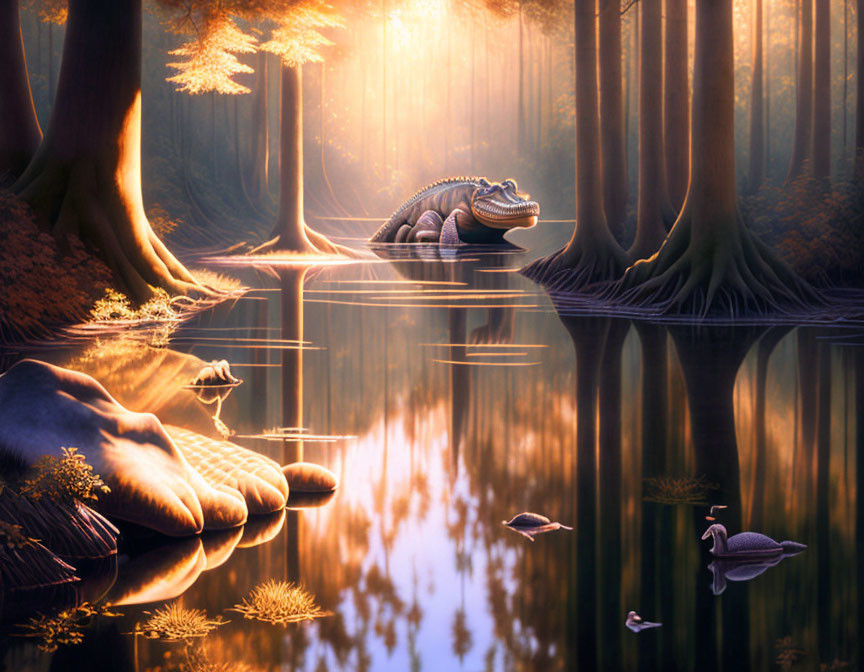 Tranquil forest lake with sunbeams, alligator, and giant hand reflected