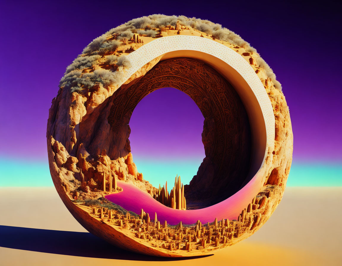 Surreal torus-shaped landscape with snowy peaks, intricate carvings, and desert canyon base