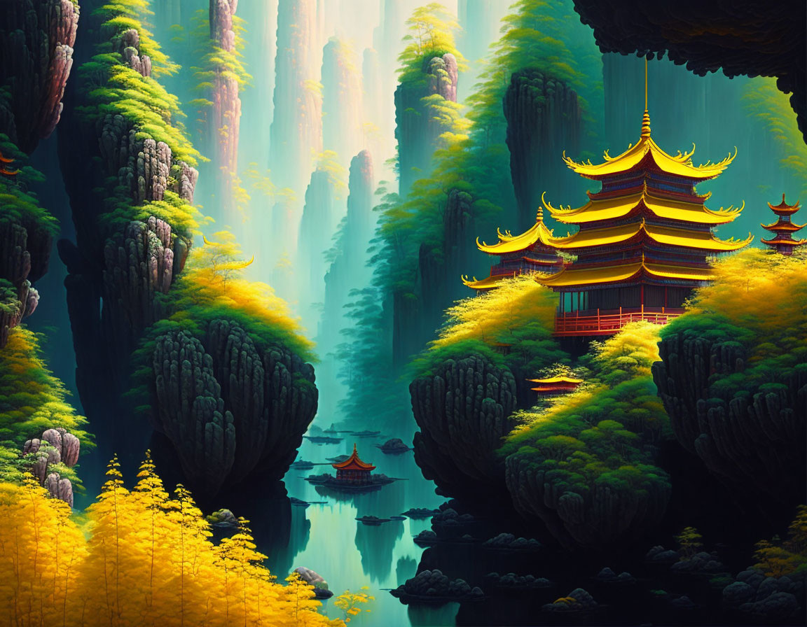 Mystical Asian landscape with cliffs, pagodas, trees, and river