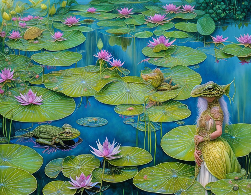 Colorful Frog-human Hybrid Painting with Frogs and Water Lilies