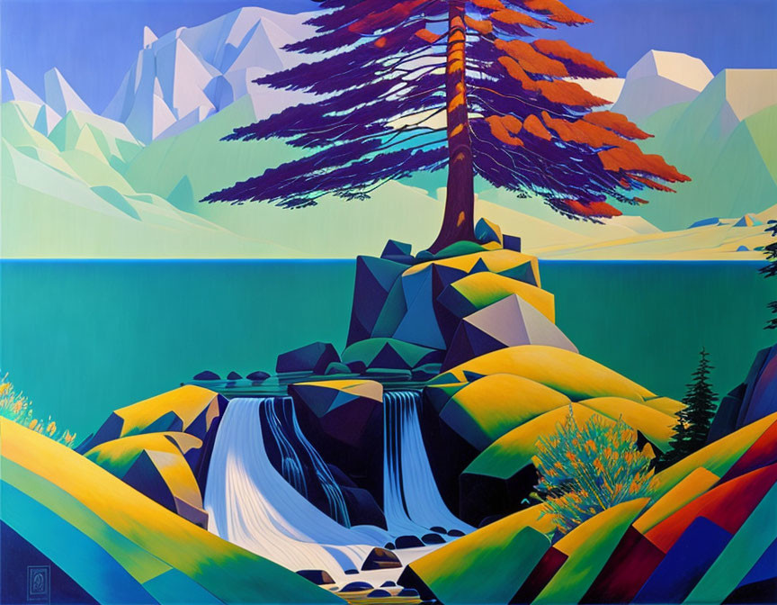 Vibrant stylized landscape with geometric cliffs, tree, waterfall, lake, and mountains