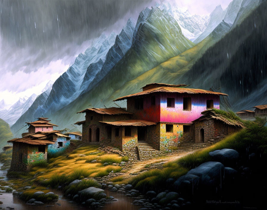 Mountain village in rain with rustic houses and stream, surrounded by towering peaks and mist