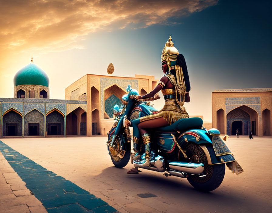 Elaborately dressed person on scooter in front of Middle Eastern dome