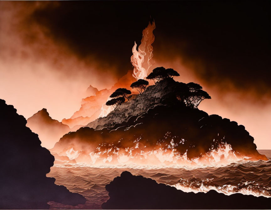 Surreal landscape with trees on hill in lava, smoky orange sky