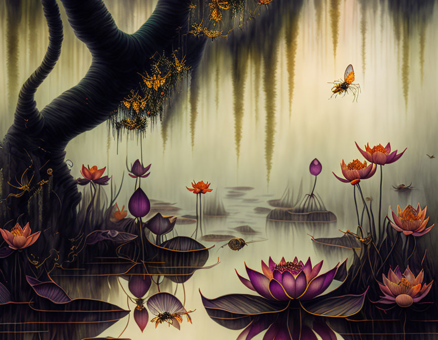 Tranquil pond with lotus flowers, twisted tree, dragonfly, and water reflections