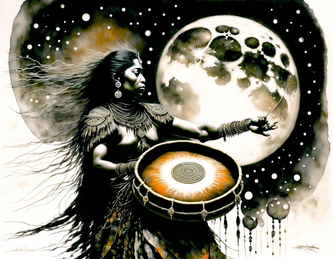 Elaborately adorned female figure playing drum under cosmic sky