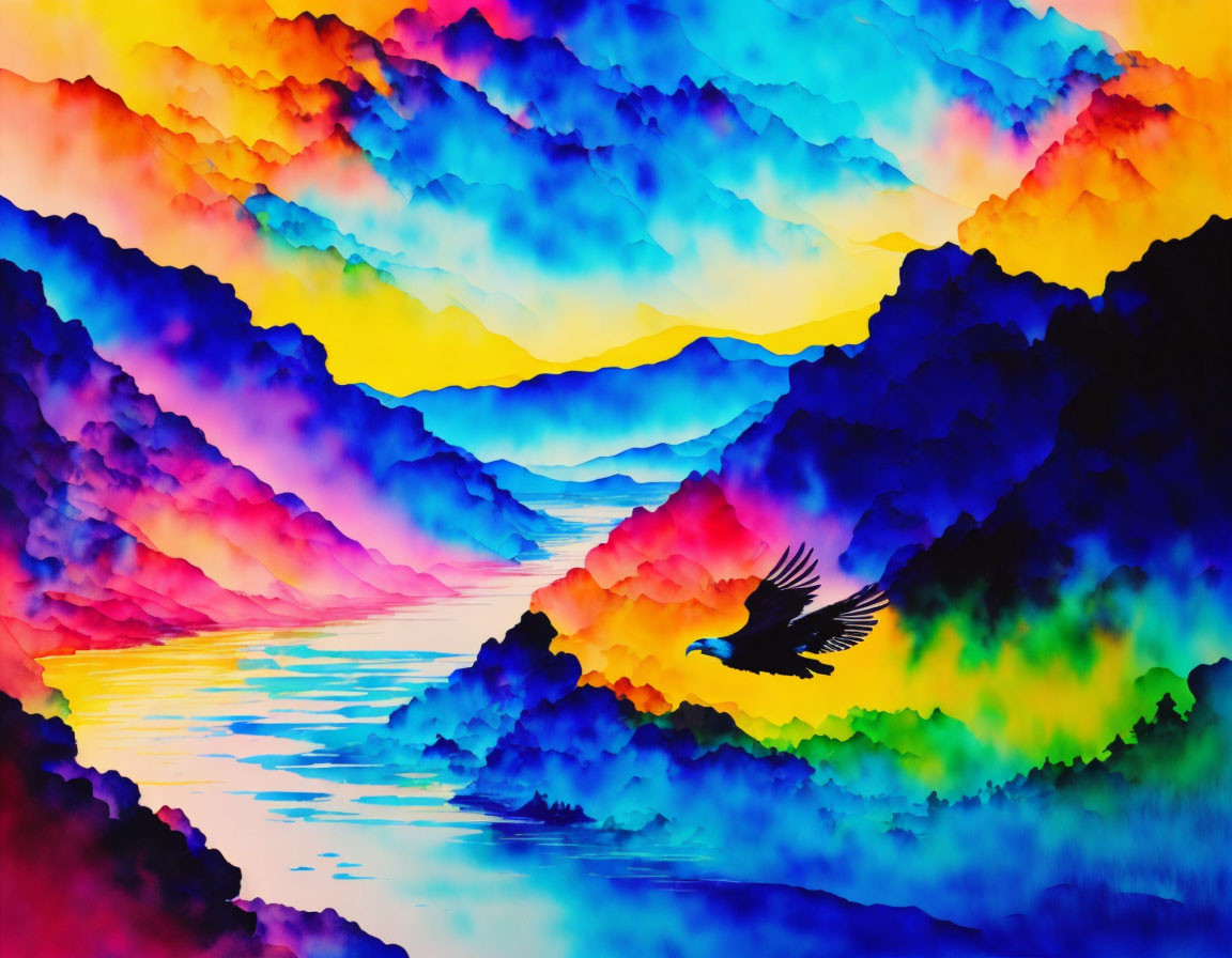 Colorful watercolor painting of mountain landscape at sunset with river and eagle