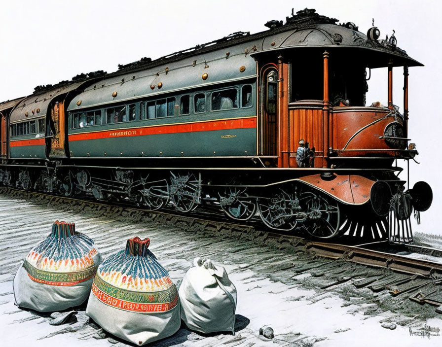 Vintage train with intricate details and large sacks on tracks symbolizing a nostalgic era of rail travel.