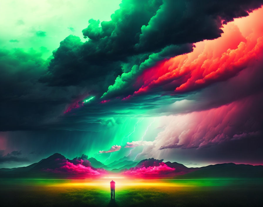 Person under vibrant, multi-colored sky with lightning and mountains