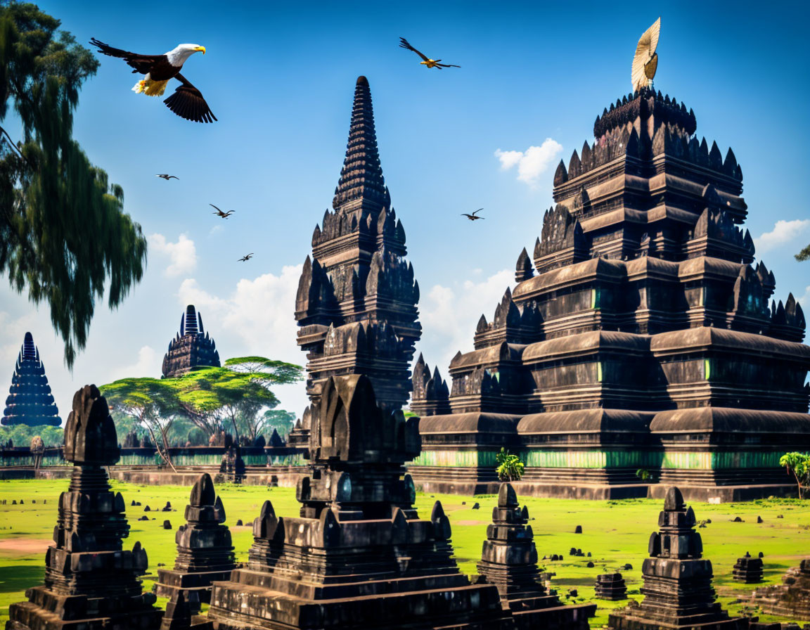 Ancient temple complex with multiple towers under blue sky and greenery.