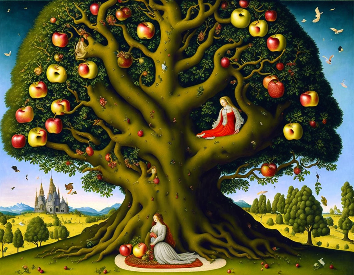 Detailed painting of tree, golden apples, women, castle, hills, birds under blue sky