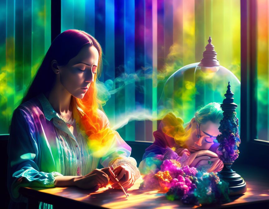 Colorful Illustration: Two People at Desk with Writing and Sleeping Figure in Rainbow Light