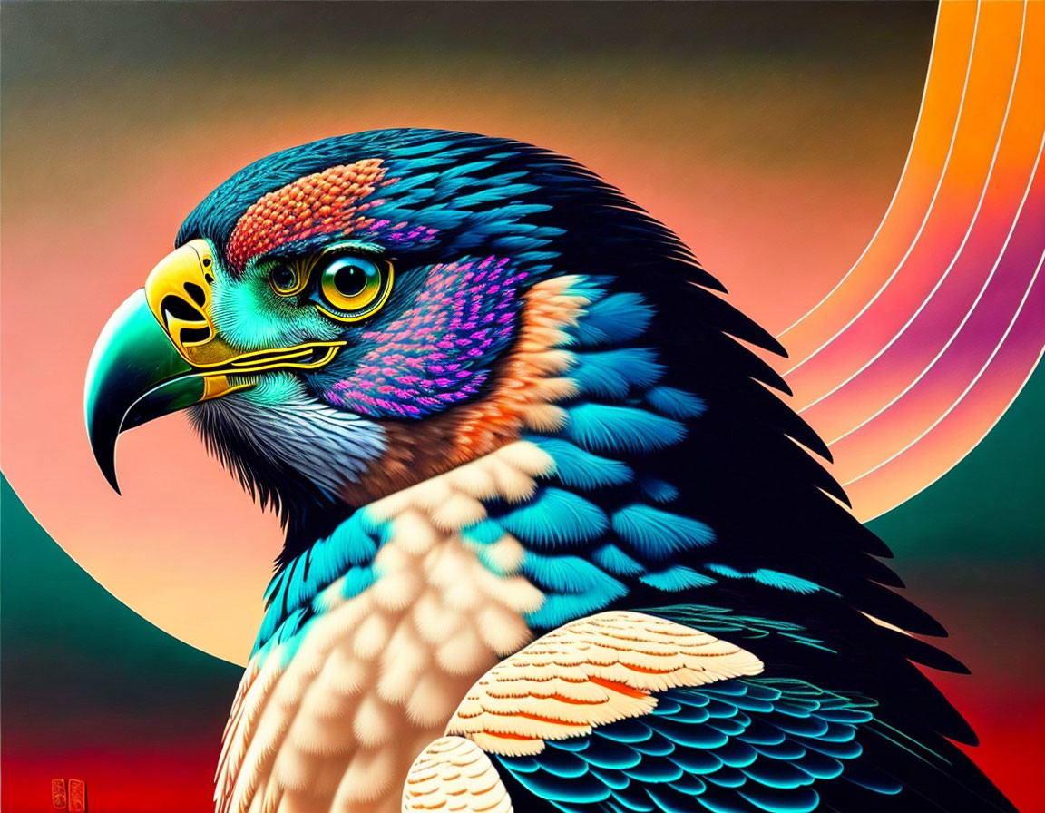 Vibrant digital artwork: Eagle in blues, purples, oranges, and yellows