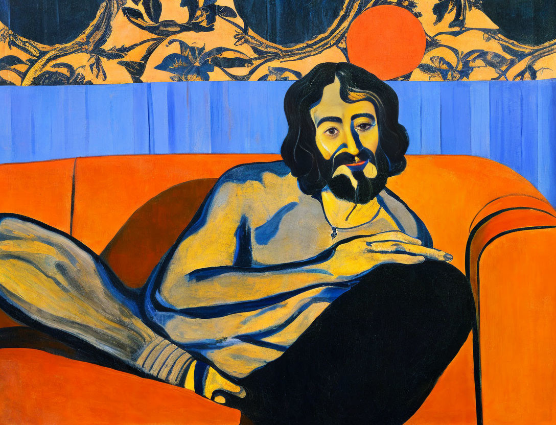 Stylized painting of bearded person on orange sofa with blue abstract background