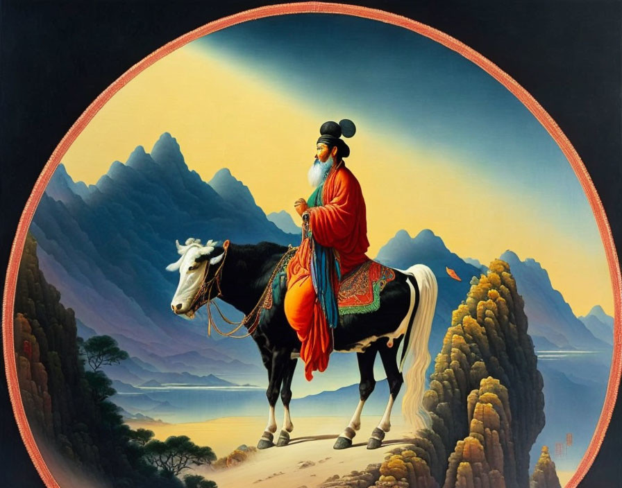 Traditional East Asian painting: Bearded man on white horse in vibrant attire