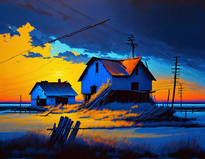 Rural sunset painting with barn and house silhouettes in vibrant colors