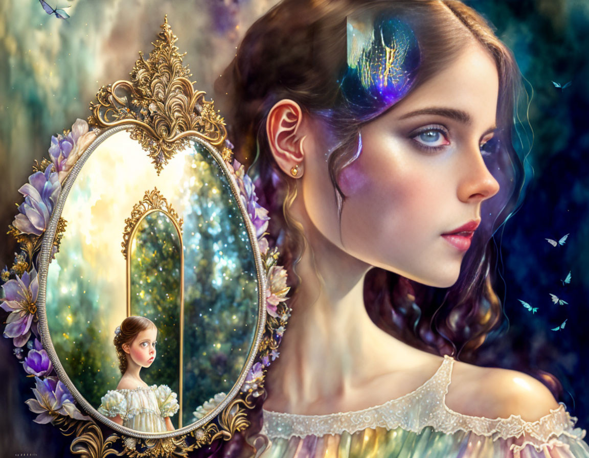 Fantastical image: Woman with glowing butterfly in ornate mirror surrounded by flowers.