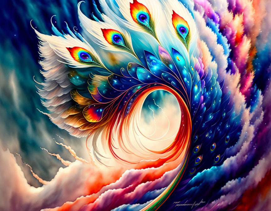 Colorful swirling peacock feather with blue hues and eyespots in vibrant artwork.